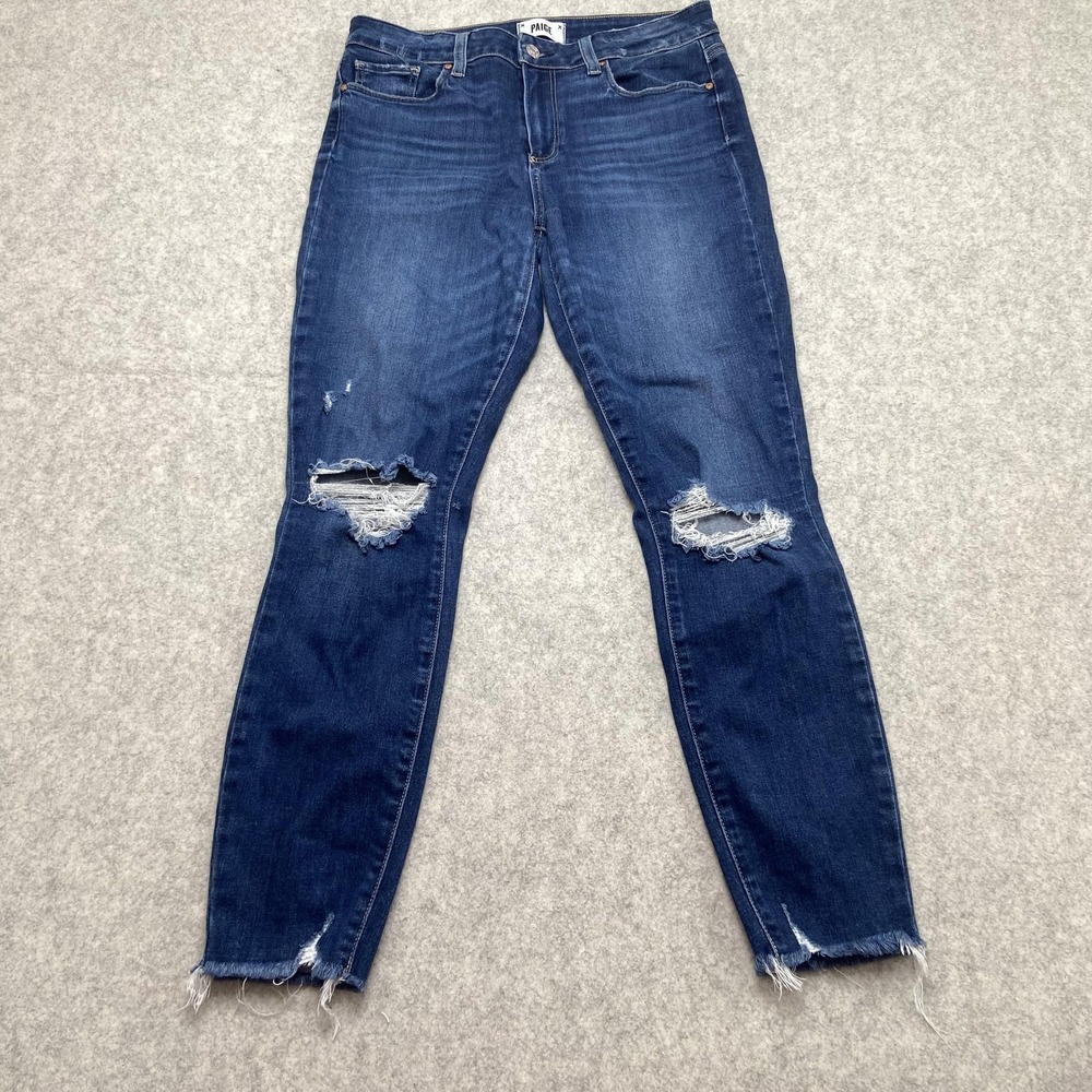 PAIGE Verdugo Ankle Jeans Womens 30 (29x26) Blue Distressed Raw Hem Stretch